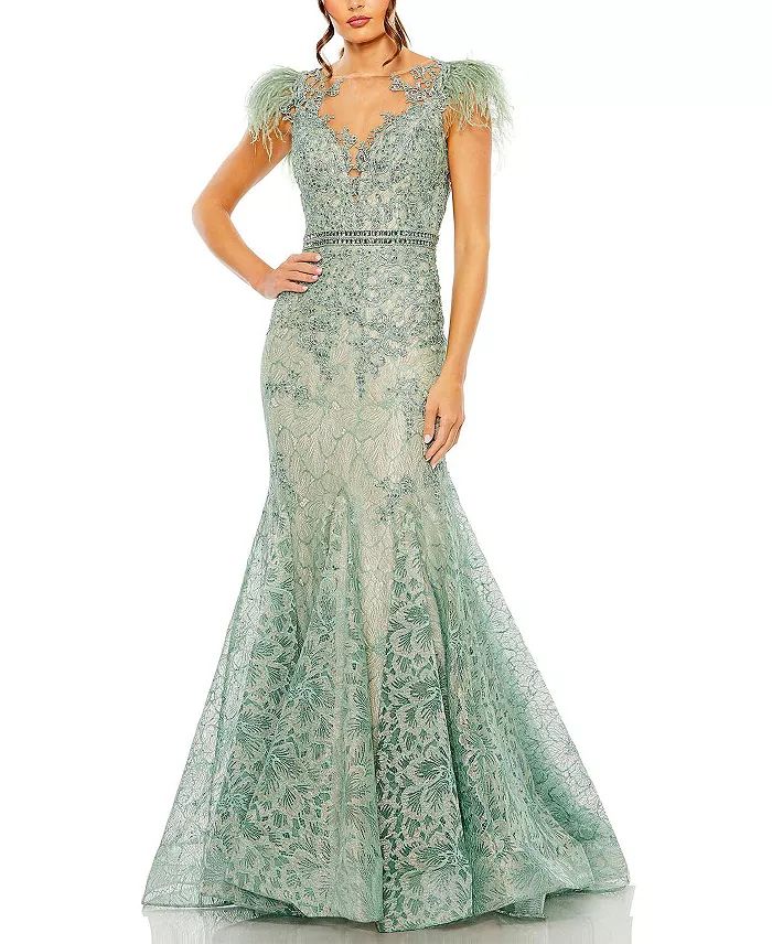Embellished Feather Cap Sleeve Illusion Neck Trumpet Gown | Bloomingdale's (US)