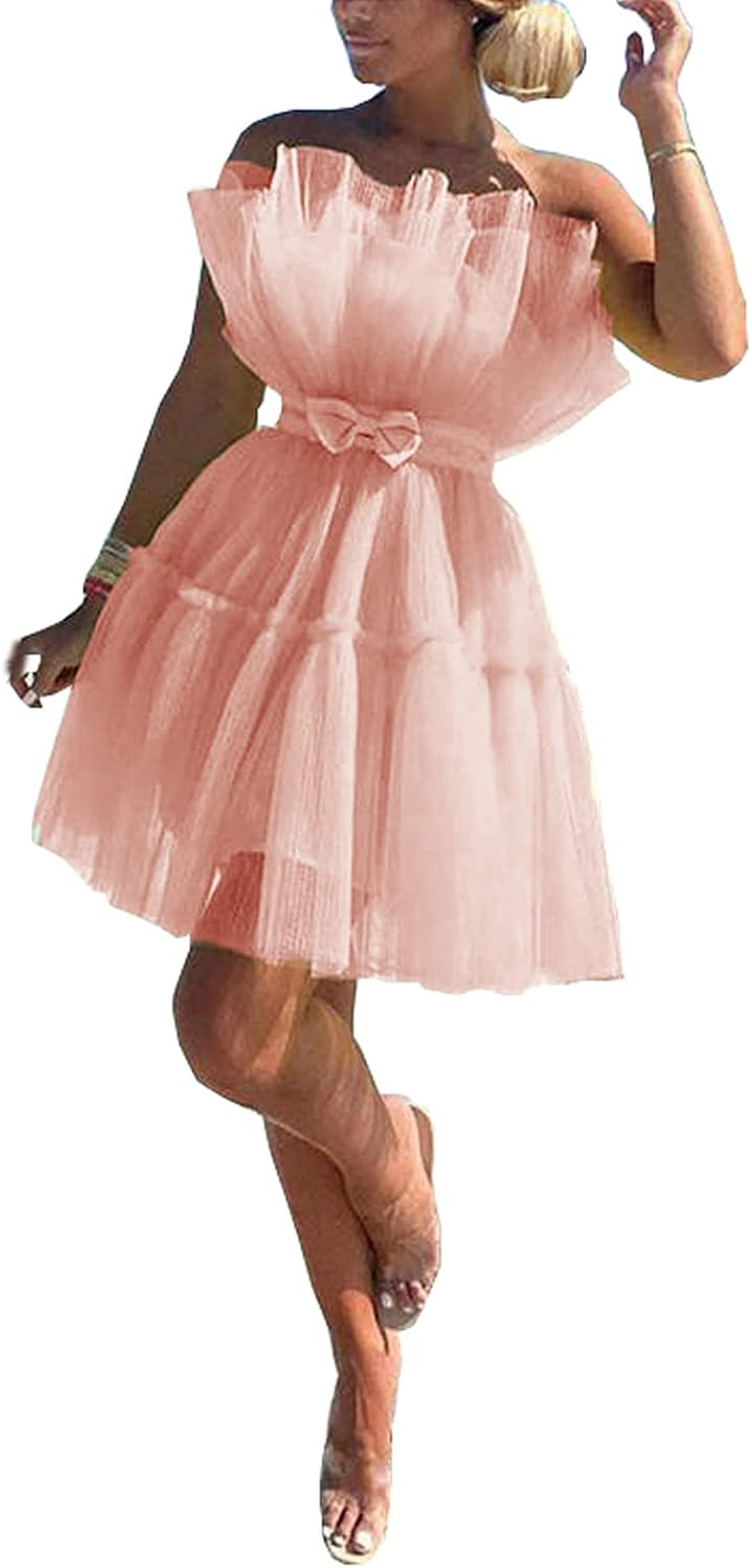Tianzhihe Tulle Tutu Ruffles Prom Dress Short Mini Homecoming Dress Cocktail Party Gown with Bow | Amazon (US)