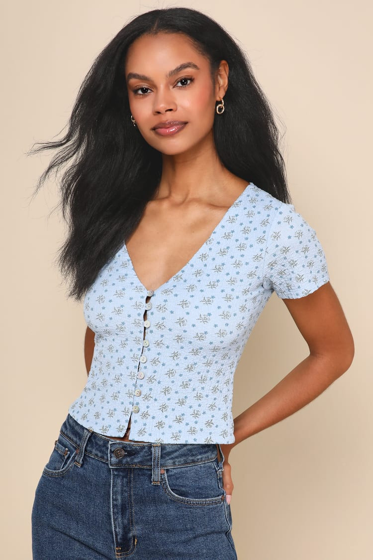 My Everyday Best Blue Floral Print Short Sleeve Button-Front Top | Lulus
