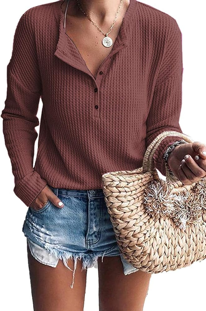 Glanzition Womens Waffle Knit Tunic Tops Loose Long Sleeve Button Up V Neck Henley Shirts | Amazon (US)