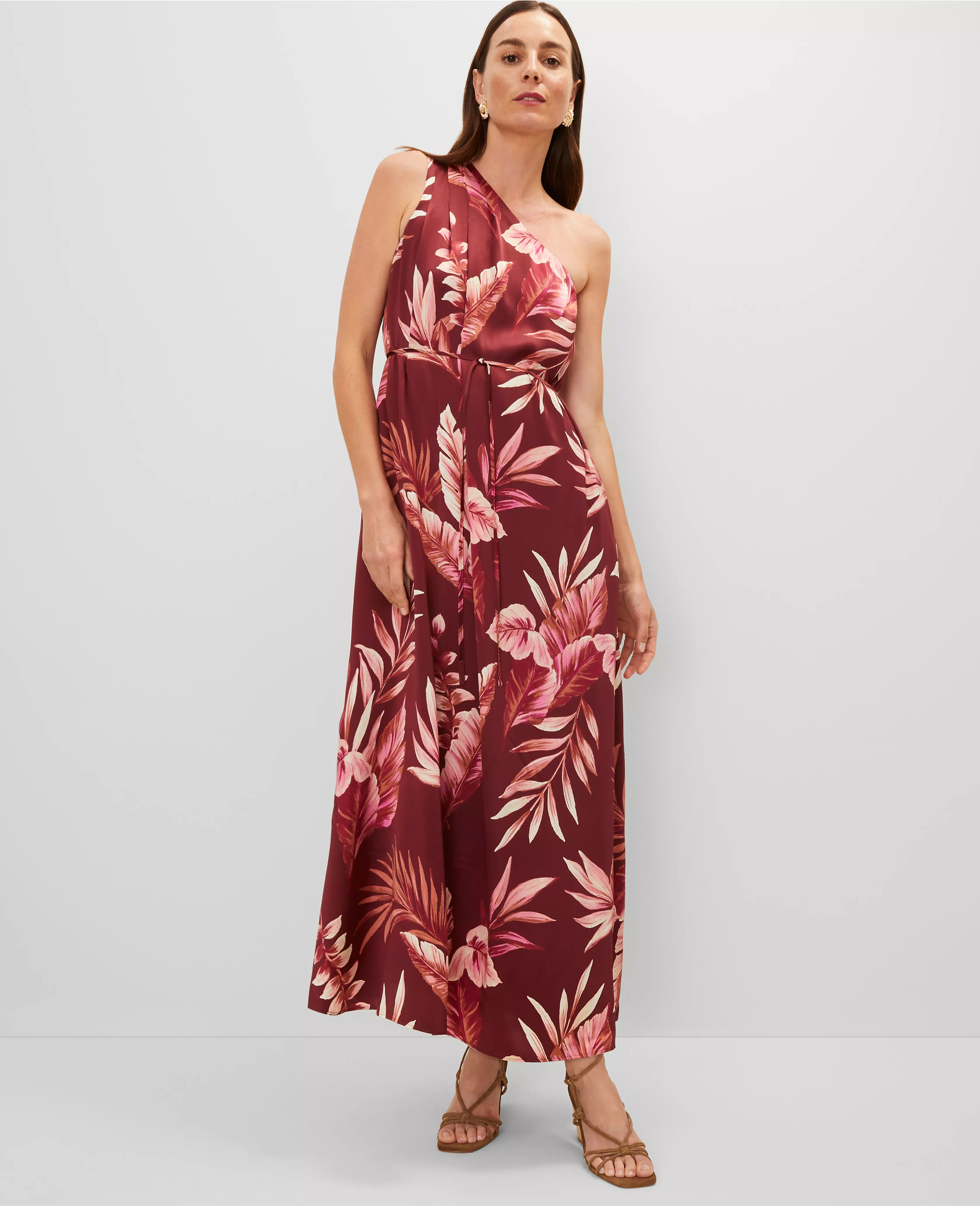 Studio Collection One Shoulder Silk Dress in Tropical Print | Ann Taylor