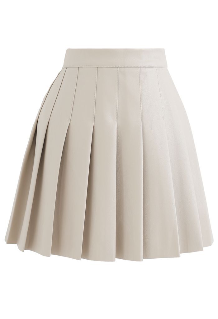 Pleated Faux Leather Mini Skirt in Cream | Chicwish
