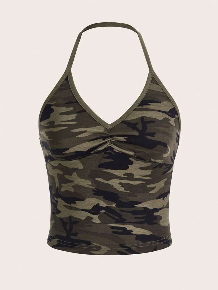 SHEIN EZwear Camo Print Ruched Halter Top | SHEIN