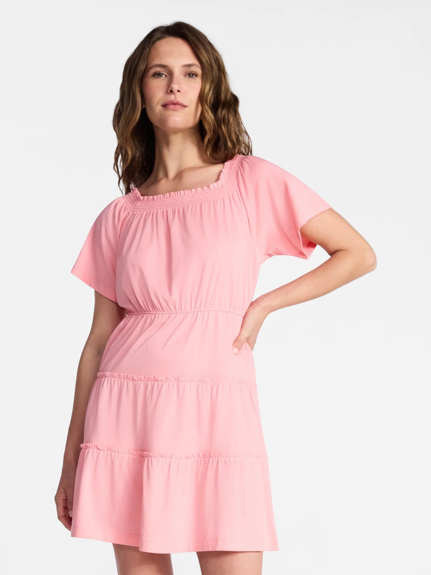 Time and Tru Women's Tiered Cotton Mini Dress with Flutter Sleeves, Sizes XS-XXXL | Walmart (US)