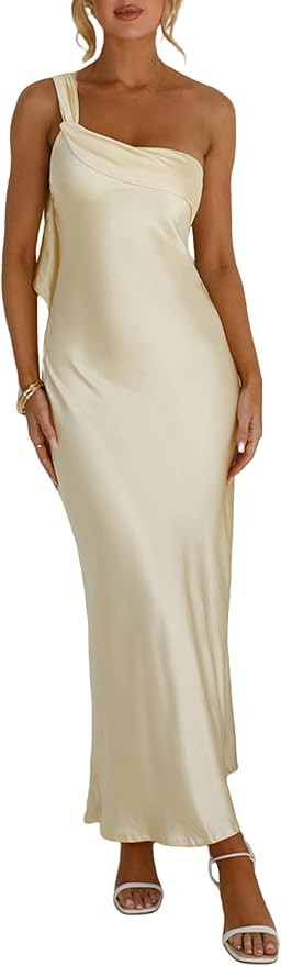 2025 Satin One Shoulder Maxi Dress for Women Summer Silk Formal Elegant Backless Ruffle Sleeveles... | Amazon (US)