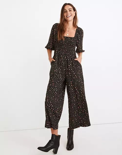 Lucie Elbow-Sleeve Smocked Wide-Leg Jumpsuit in Stem Scatter | Madewell