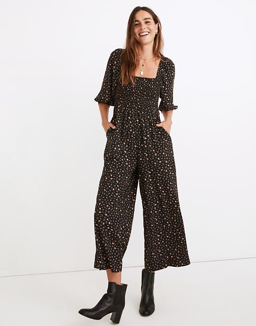 Lucie Elbow-Sleeve Smocked Wide-Leg Jumpsuit in Stem Scatter | Madewell