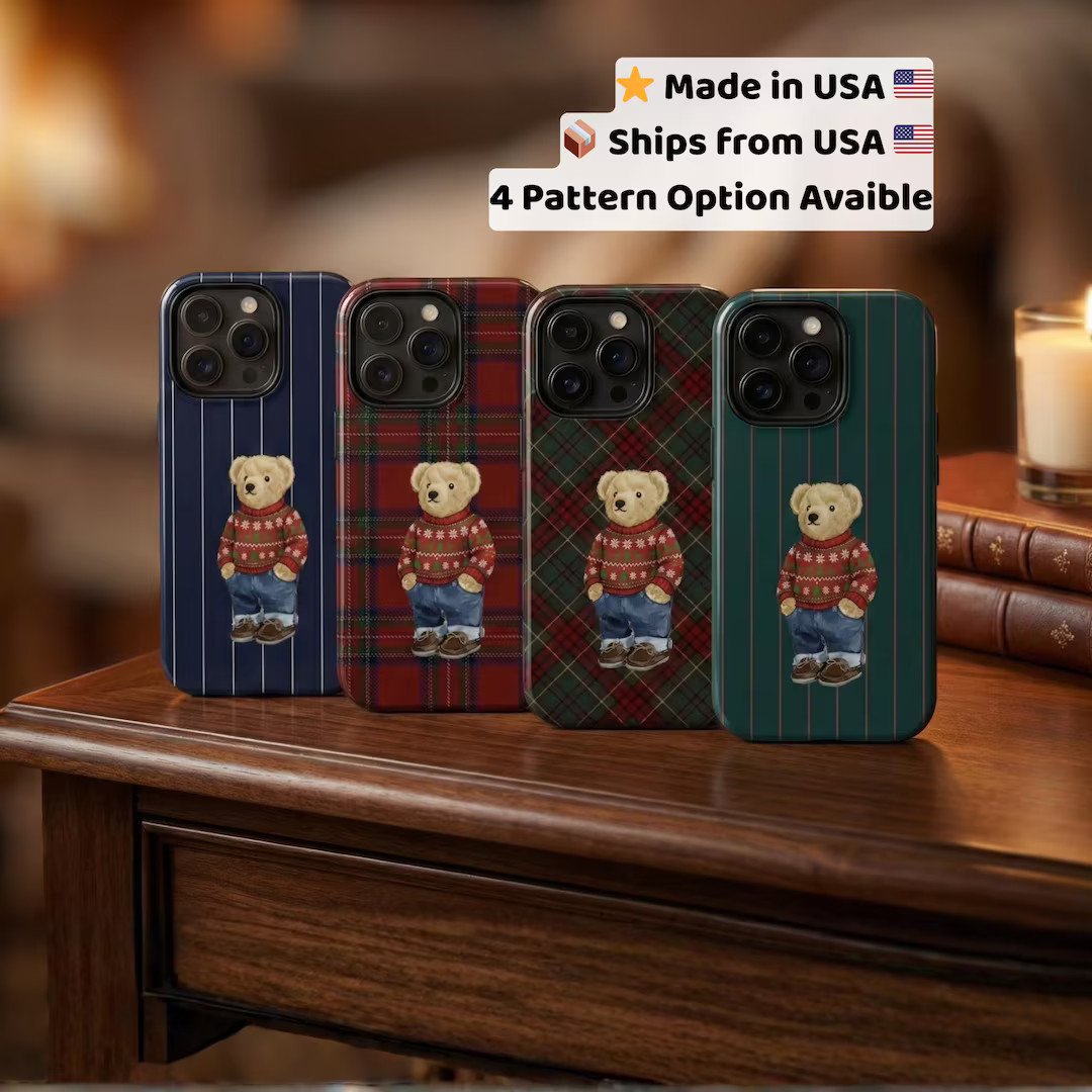 Teddy Bear Phone Case Christmas Plaid & Pinstripe , Old Money Inspired Heritage Design - Etsy | Etsy (US)