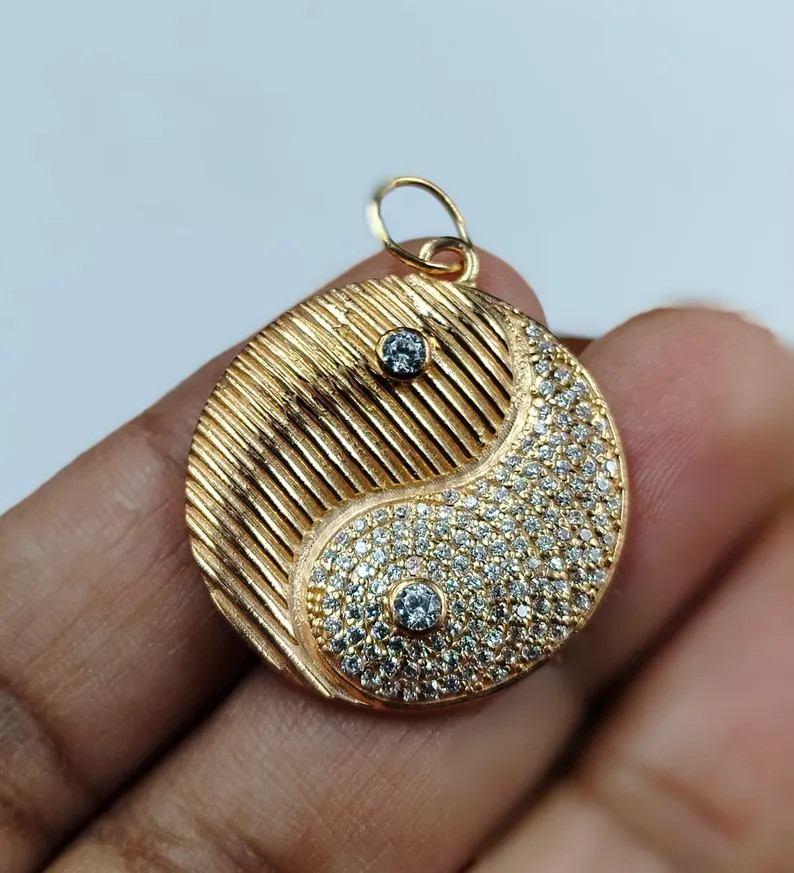 14k Gold Fill Diamond Yin Yang Pendant, Sterling Silver Yoga Charm | Etsy (US)