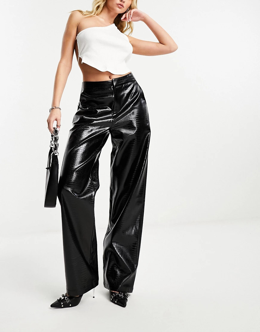 4th & Reckless straight leg faux leather trousers in black croc | ASOS (Global)