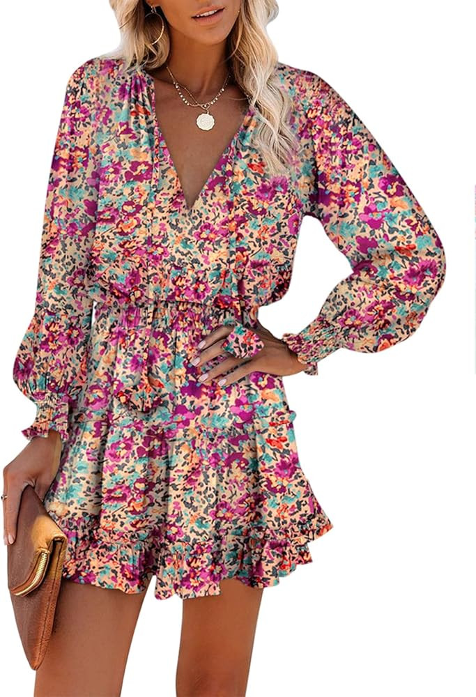 Dokotoo Womens Summer Dresses 2024 Boho Floral Drawstring V Neck Smocked Long Sleeve Ruffle Tiere... | Amazon (US)