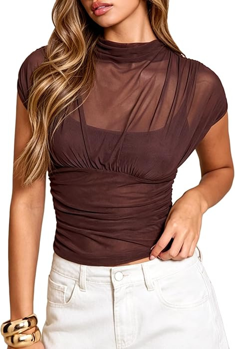 OZICERD See Through Sheer Mesh Crop Tops for Women Mock Neck Ruched Waist Going Out Top Club Rave Double Lined Shirt | Amazon (US)
