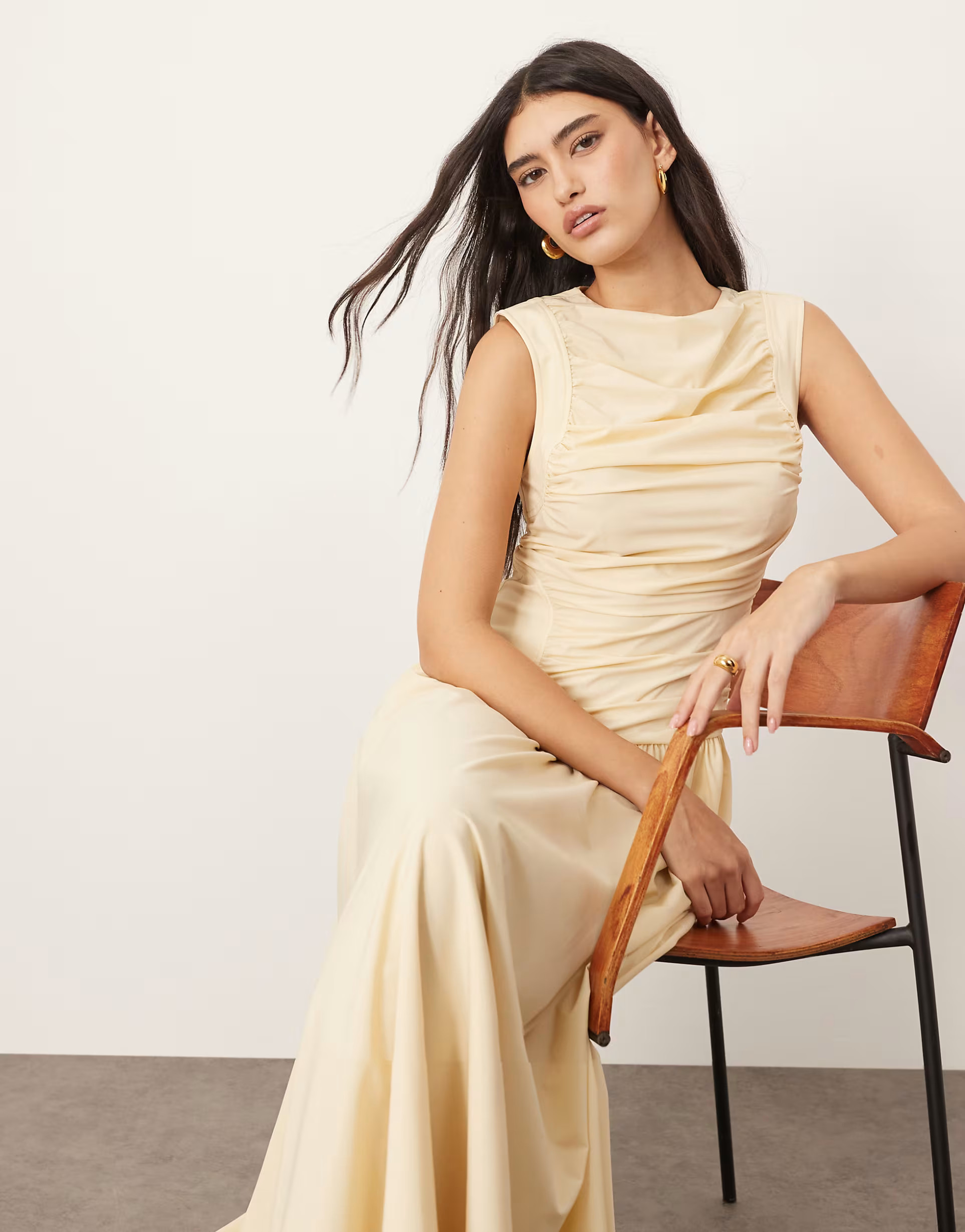 ARRANGE poplin ruched detail drop waist midi dress in buttermilk | ASOS (Global)