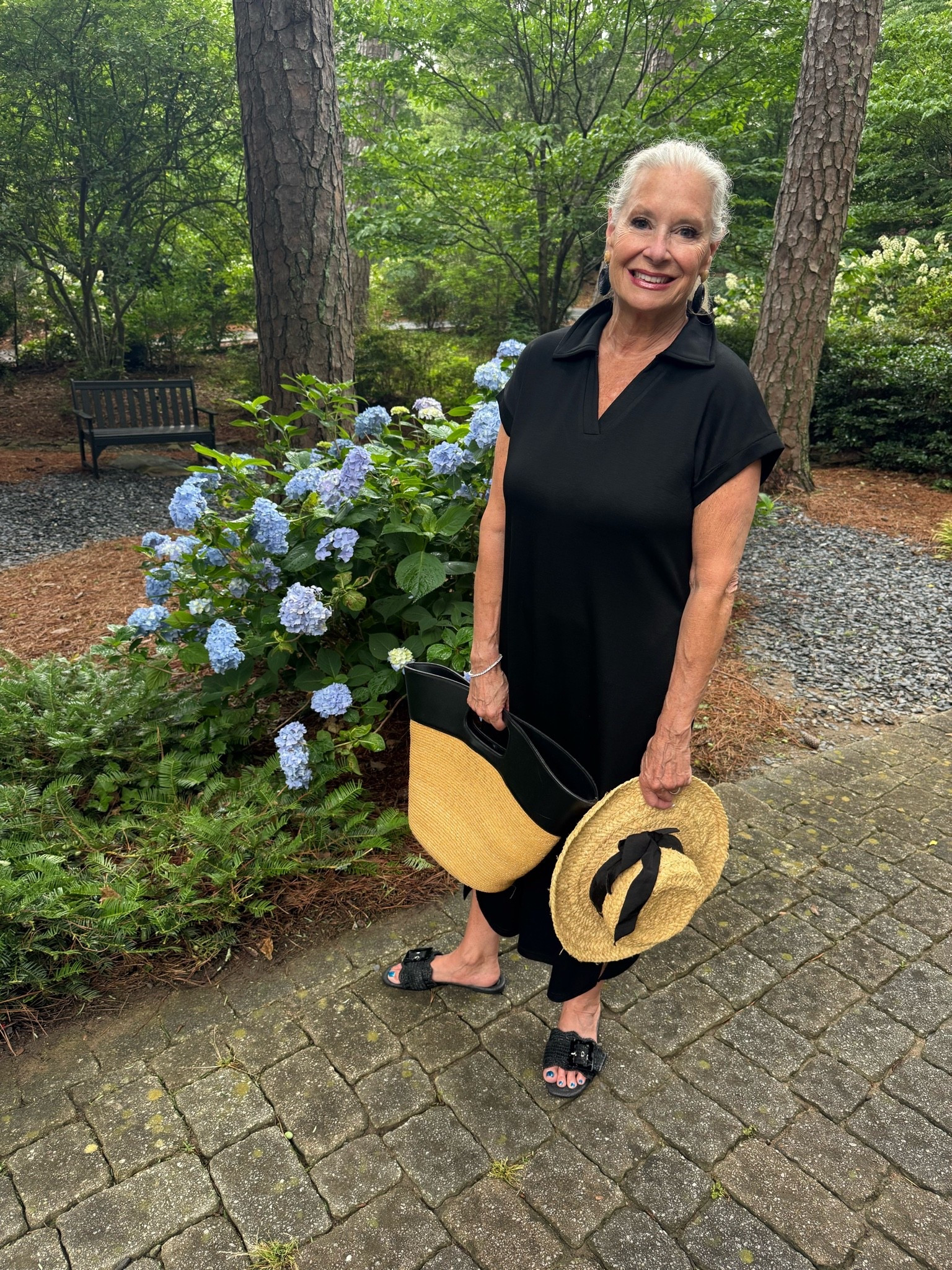 Simple weekend style 
A plain black dress 
Straw hat and bag and you are all set