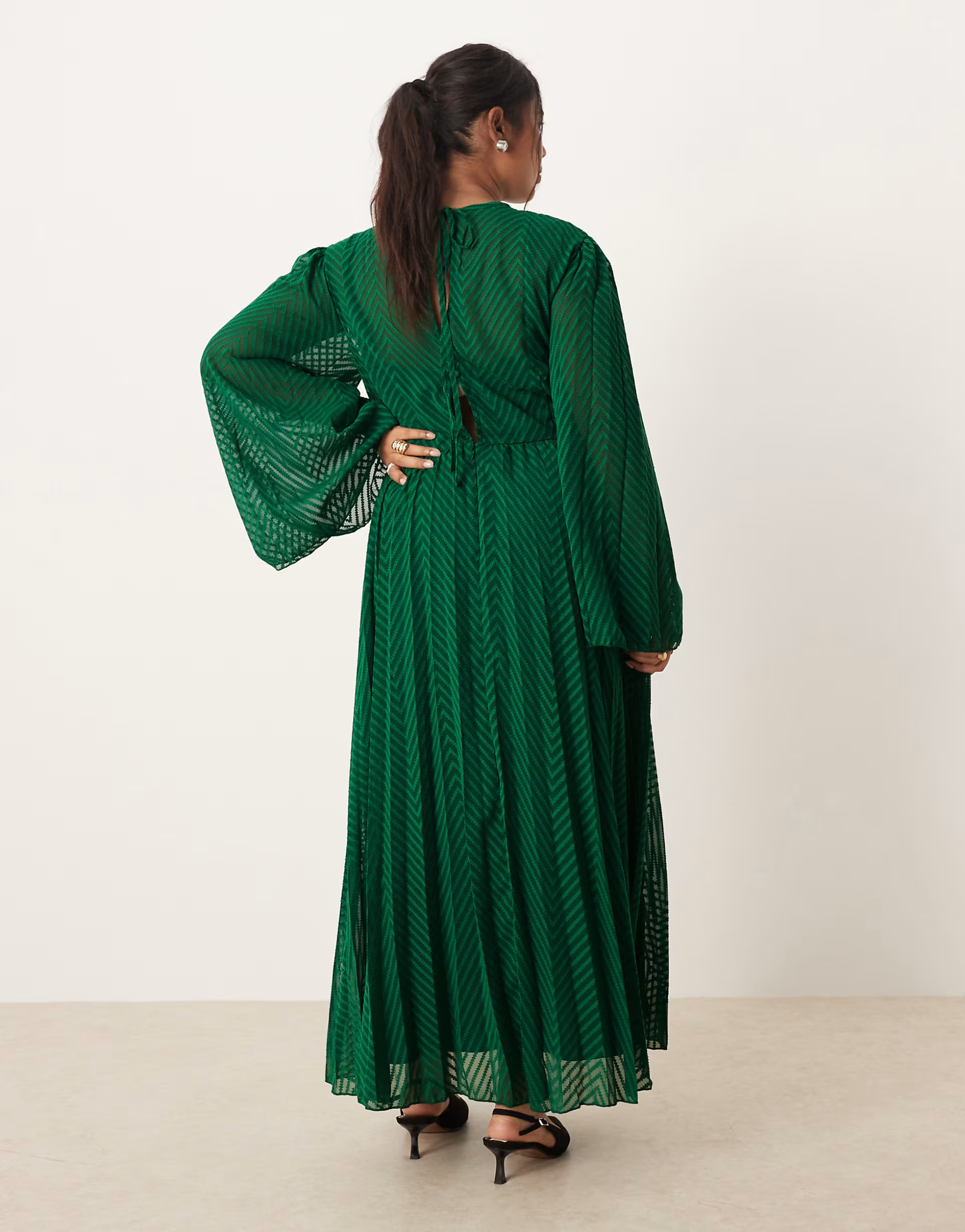 ASOS DESIGN Curve tie back fluted sleeve pleated chevron chiffon midi dress in green | ASOS | ASOS (Global)