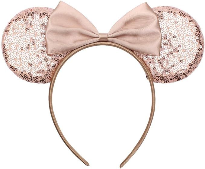 YanJie Mouse Ears Bow Headbands, Glitter Party Rose Gold Satin Bow Princess Decoration Cosplay Co... | Amazon (US)