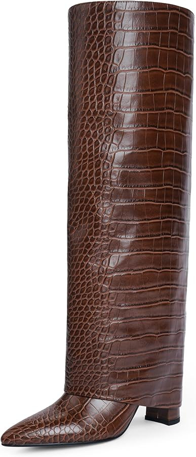 Modatope Knee High Boots Women Fold Over Knee High Boots Chunky High Heels Long Boots Zipper Poin... | Amazon (US)