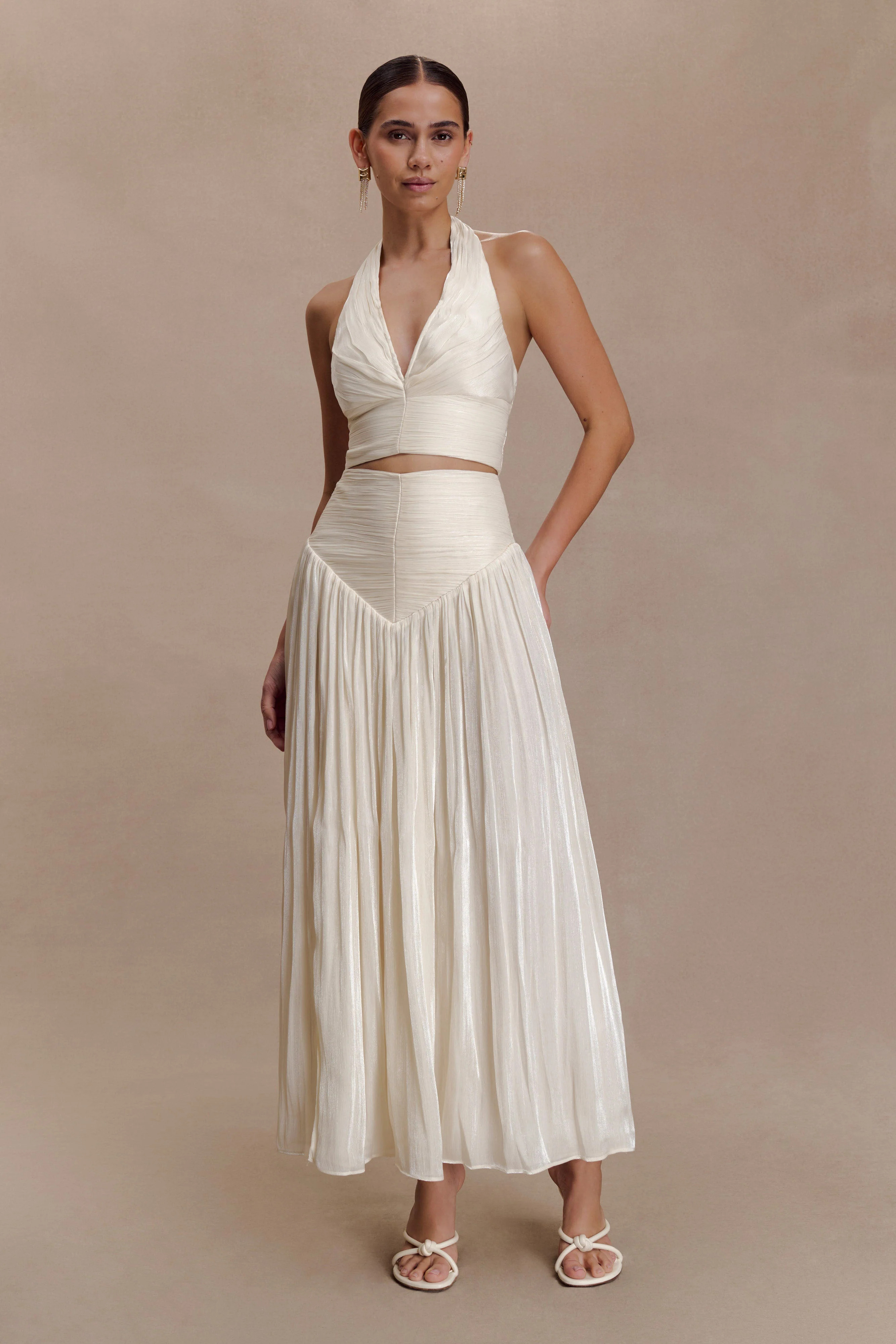 Makena Gathered V Neck Top - Opal White | MESHKI US