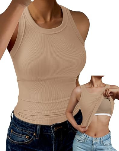 GKBK Tank Top for Women Built in Bra High Neck Ribbed Basics Tops Racerback Fitted Bra Tanks Khaki S | Amazon (US)