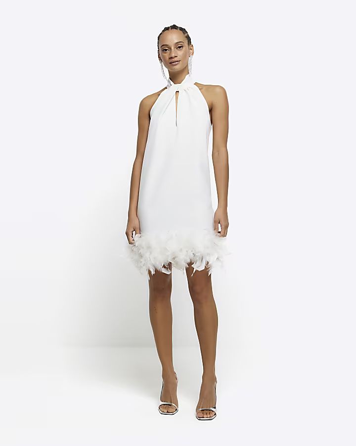 Witte mini-jurk met verenzoom | River Island (UK & IE)