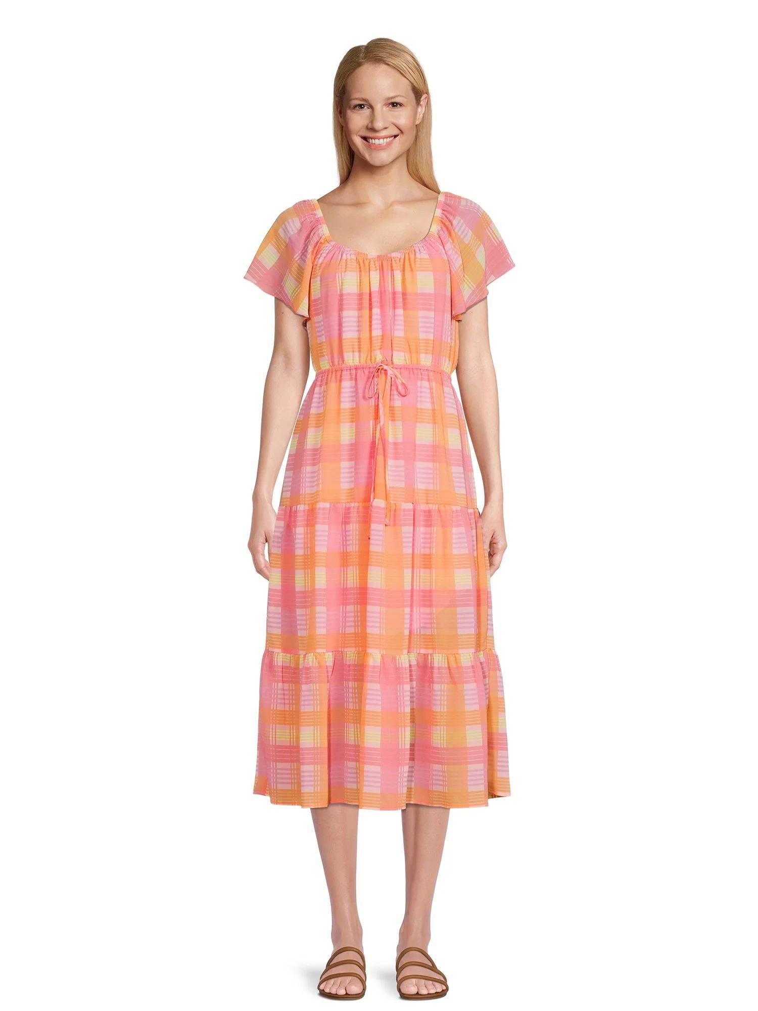 Time and Tru Women's Flutter Sleeve Tiered Dress - Walmart.com | Walmart (US)