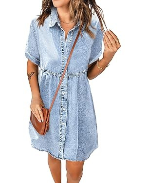 luvamia Women's Casual Short Sleeve Button Down Tiered Denim Babydoll Jean Dress | Amazon (US)