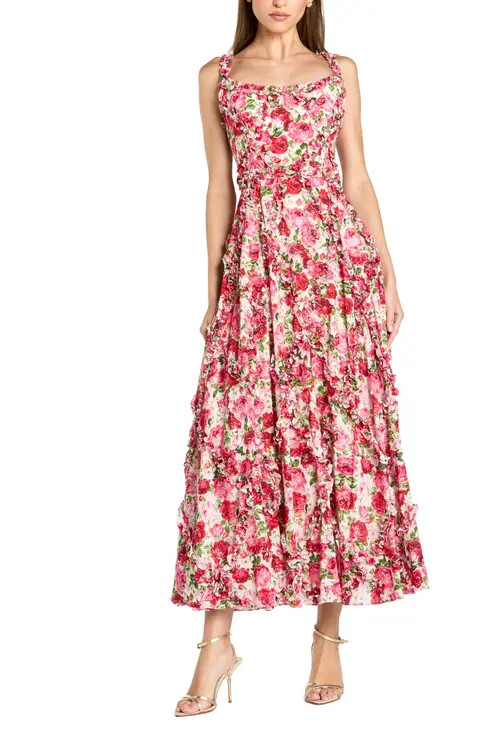 Mac Duggal Ruffle Scoop Neck Floral A-Line Dress in Pink Multi at Nordstrom, Size 6 | Nordstrom