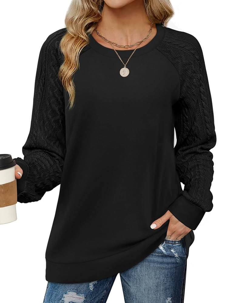 Saloogoe Sweatshirts for Women Crewneck Cable Knit Sleeve Sweaters Lightweight Fashion 2025 | Amazon (US)
