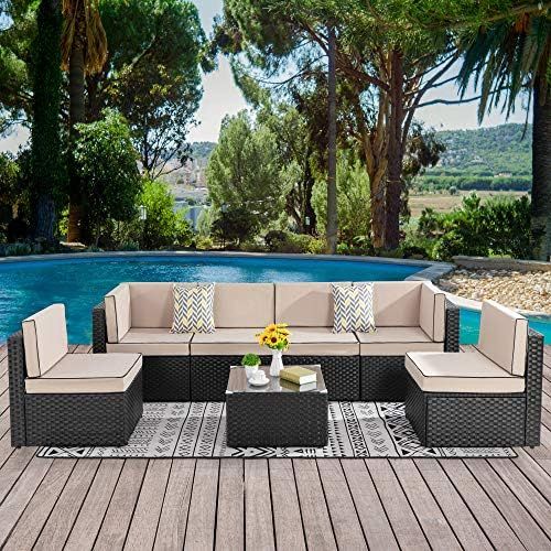 Walsunny 7 Pieces Patio Outdoor Furniture Sets,Low Back All-Weather Rattan Sectional Sofa with Tea T | Amazon (US)