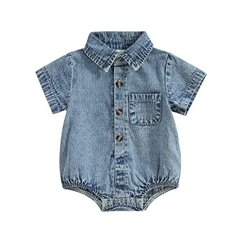 Newborn Baby Boy Girl Clothes Denim Button Bodysuit Shirt Oversized Lapel Short Sleeve Bubble Romper Outfit (Blue, 3-6 Months) | Amazon (US)