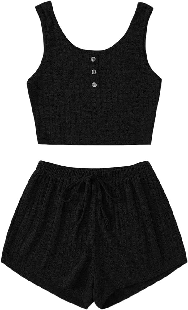 SheIn Women's 2 Piece Sleeveless Button Crop Tank Tops and Shorts Lounge Set | Amazon (US)