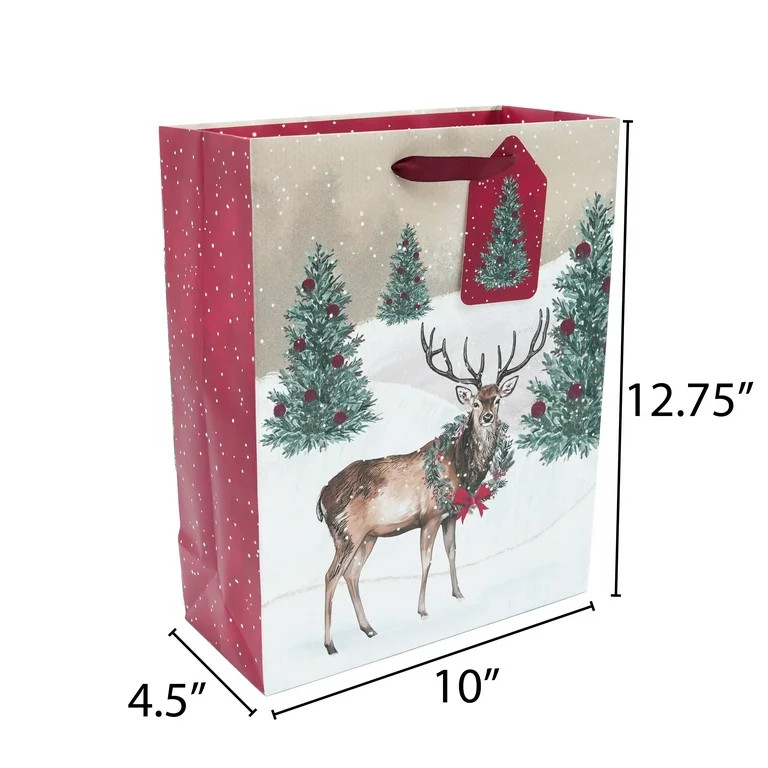Large Multicolor Reindeer with a Wreath Christmas Paper Gift Bag, 10" x 4.5" x 12.75", by Holiday... | Walmart (US)