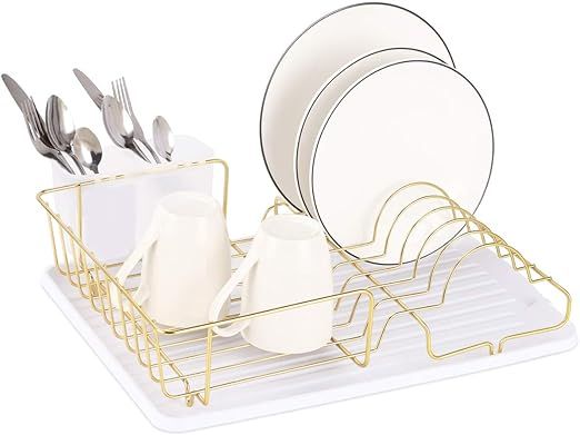 Buruis Dish Drying Rack, Gold Dish Drainer Organizer Includes Removable Drain Board and Utensil H... | Amazon (US)