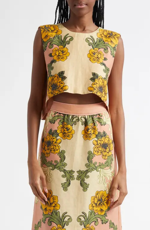 FARM Rio Delicate Flower Arabesque Linen Top at Nordstrom, Size X-Small | Nordstrom