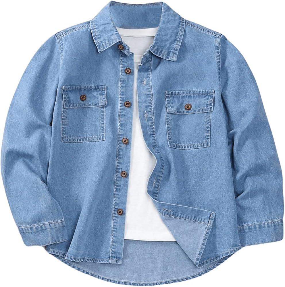 Verdusa Boy's Long Sleeve Button Down Denim Shirts Jean Top with Pockets | Amazon (US)