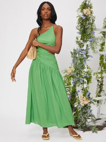 SHEIN Criss Cross Lace Up Backless Cut Out Ruched Ruffle Hem Dress
   SKU: sw2111067111304545    ... | SHEIN