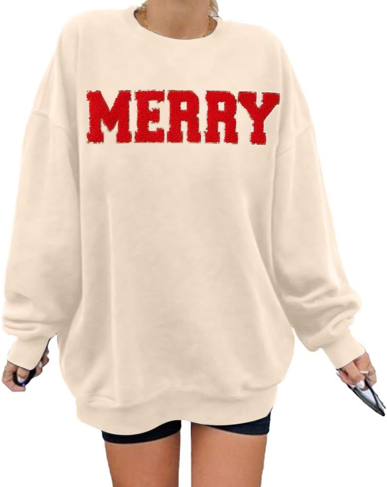 FASHGL Merry Sweatshirt Women Christmas Glitter Patch Merry Shirt Merry Letter Print Long Sleeve Ove | Amazon (US)