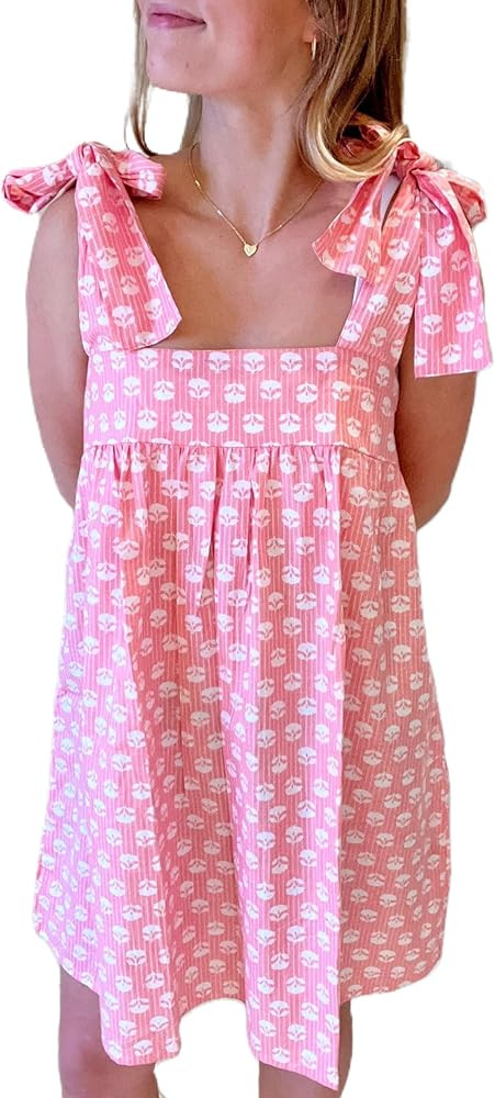 Women Boho Floral Short Dress Tie Shoulder Sleeveless Dress Flowy Babydoll Mini Dresses Summer Ho... | Amazon (US)