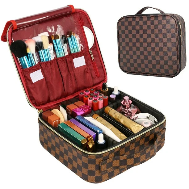 Aokur Checkered Travel Makeup Organizer Bag, Waterproof Brown Cosmetic Bag for Travel, Vagan Leat... | Walmart (US)