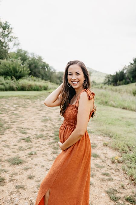 Beautiful long fall maternity dress for announcement photos and baby showers! Dress is from Pink Blush! 

#LTKbump #LTKbaby