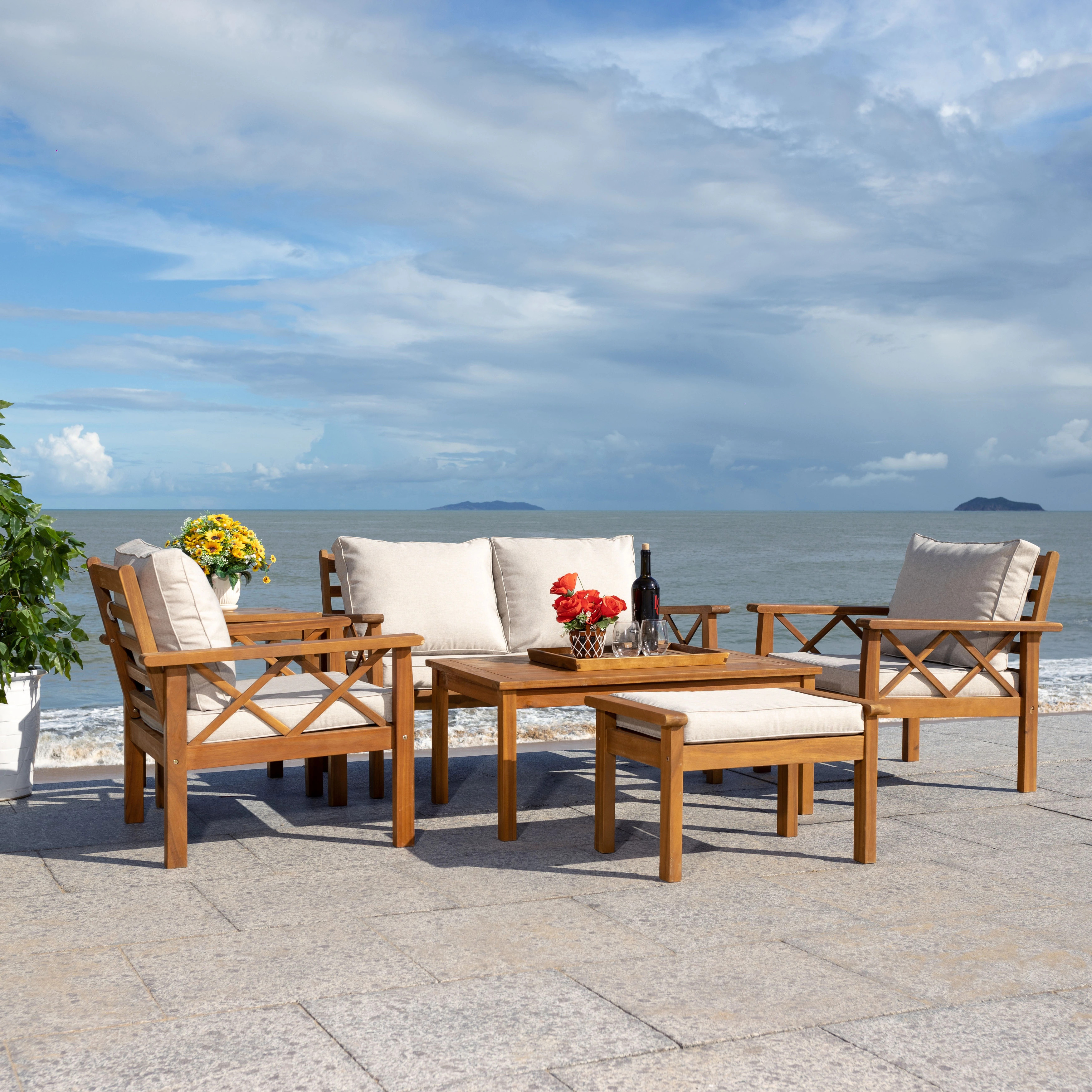 SAFAVIEH Outdoor Unnur 6-Piece Outdoor Set - 344W x 30D x 28H - Natural / Light Grey | Overstock