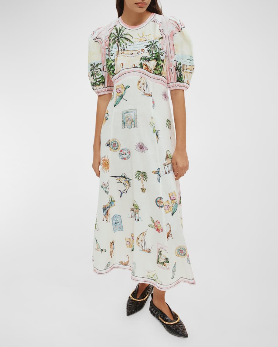 ALEMAIS Sunset Puff-Sleeve Printed Linen Midi Dress | Neiman Marcus