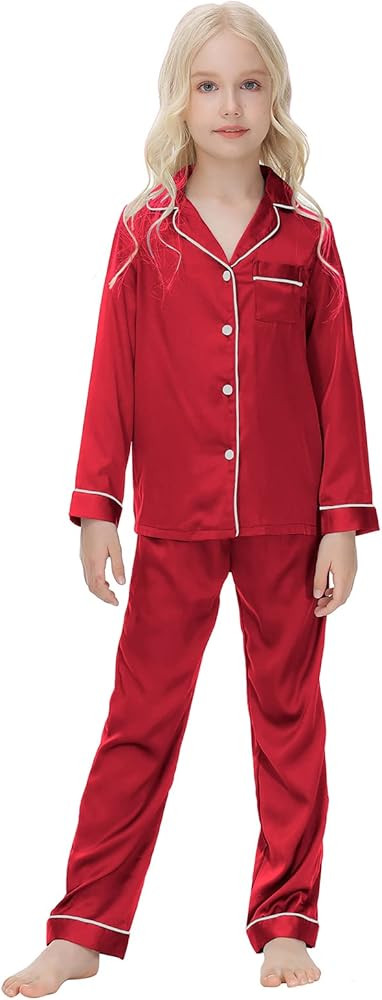 Veseacky Unisex Satin Pajamas Set Boys Girls Silk Pjs for Kids Long Sleeve 2 Piece Sleepwear Butt... | Amazon (US)