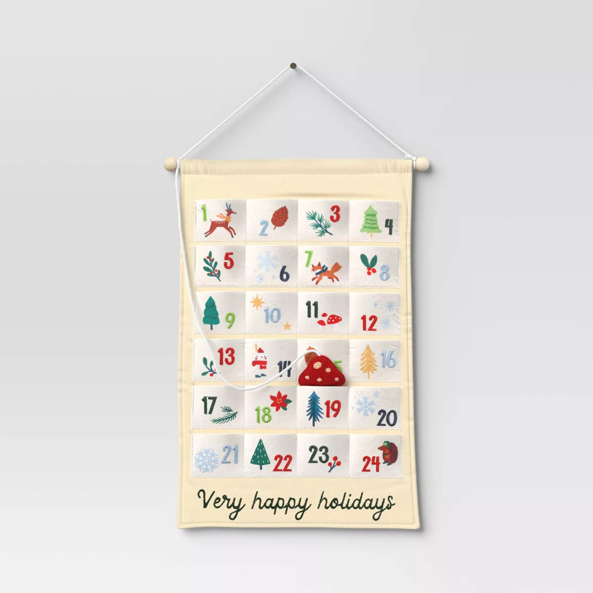 19.75" Fabric 'Very Happy Holidays' Hanging Christmas Advent Calendar with Mushroom Counter Ivory... | Target