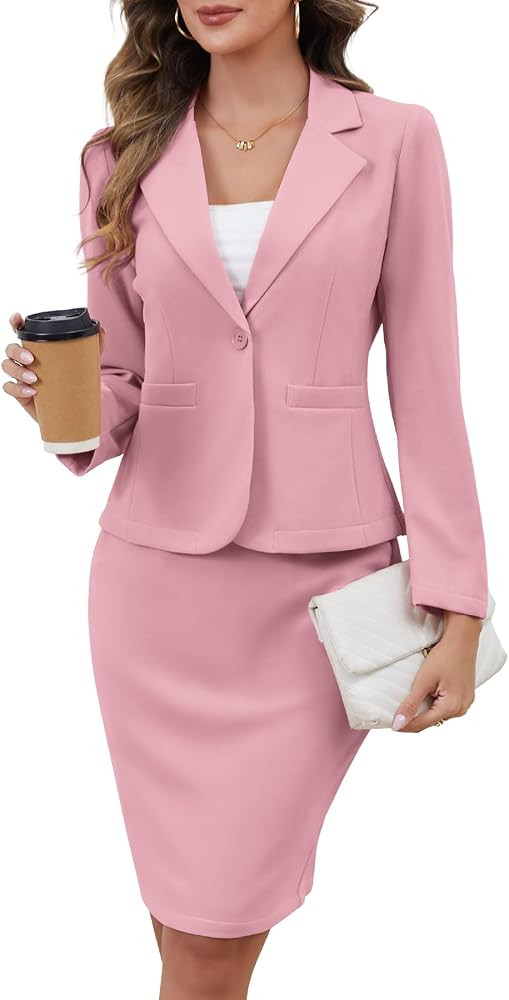 ELLEVEN Women's 2 Piece Suit Skirt Set Business Casual, Long Sleeve Knit Blazer & Pencil Skirt | Amazon (US)