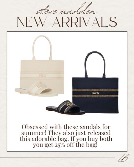 New arrivals from Steve Madden! These sandals & matching tote bag are so cute & come in different colors. Save 25% off when you buy them together! 

Lee Anne Benjamin 🤍

#LTKitbag #LTKFind #LTKshoecrush