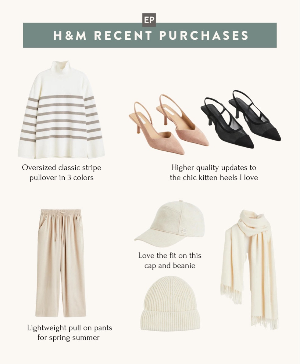 What I ordered from H&M 
•Striped sweater - slightly oversized fit with semi bell shape sleeves. I got Xs and fold sleeves up once and fold the turtleneck inward to make it lower. 
•Slingback kitten heel pumps. I have both the faux suede and genuine suede versions and they’re chic and a good value. With H&M shoes I usually order a U.S. 4 and they fit like a small 5. 
•Lightweight drapey pull on pants. I also have an older version of these that I love and these also fit great. Size 0 fit and hits ankle length on me and is very light and fluid. They usually sell quickly so I didn’t want to wait til warmer weather to order. I would not recommend these in black bc it’s a faded black color.
•Cream baseball cap & beanie. Both fit great for me! The baseball cap in Xs/s is a cooler weather texture and is small head friendly •Cream scarf. On the thinner side #petite #winterstyle

#LTKFind #LTKstyletip #LTKunder50