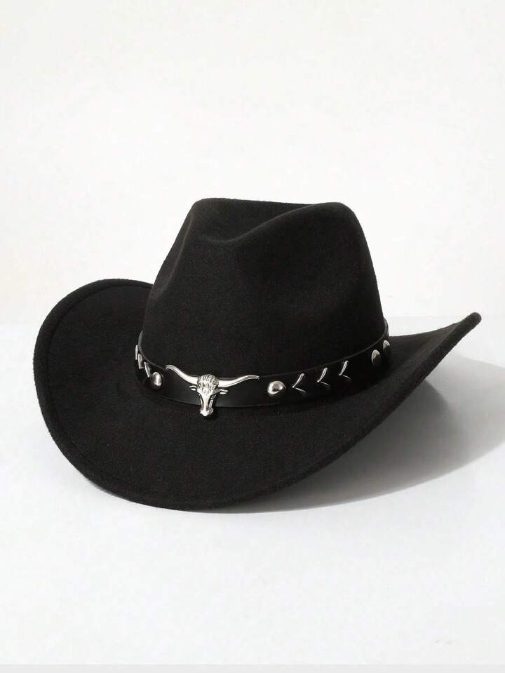 1 Men's Polyester Western Cowboy Hat, Unisex Vintage Style Hat, Bull Shape Decoration, Suitable For Daily Casual Wear, Western Cowboy Party, Bar Cowboy (One Size Fits All) | SHEIN