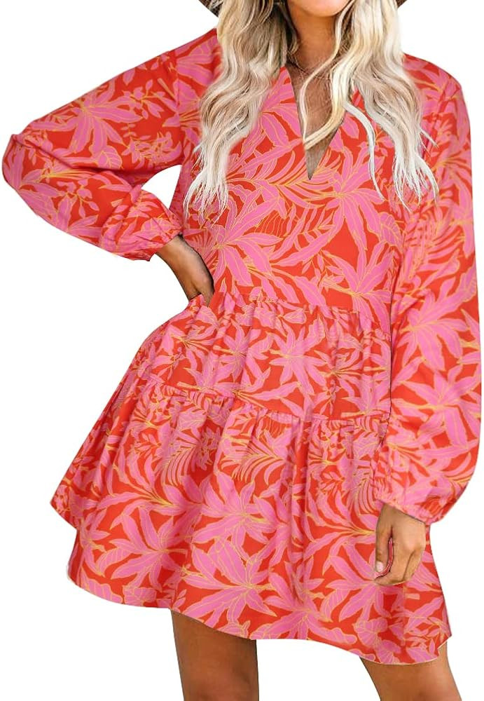 FANCYINN Women’s Cute Shift Dress with Pockets Bell Sleeve Ruffle Hem V Neck Loose Swing Tunic ... | Amazon (US)