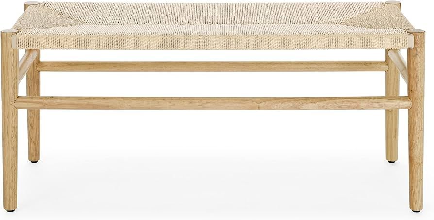 Recaceik Indoor Entryway Bench with Paper Cord Ottoman, Mid-Century Long Bench with Rubber Wood L... | Amazon (US)
